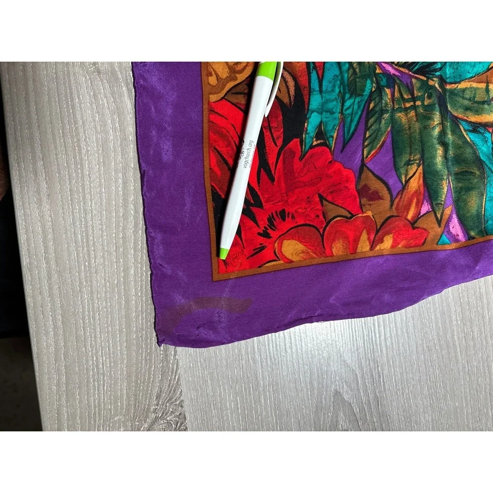 Vintage Floral Scarf Tropical Purple Teal Gold Large Square Head Wrap 34x34.5